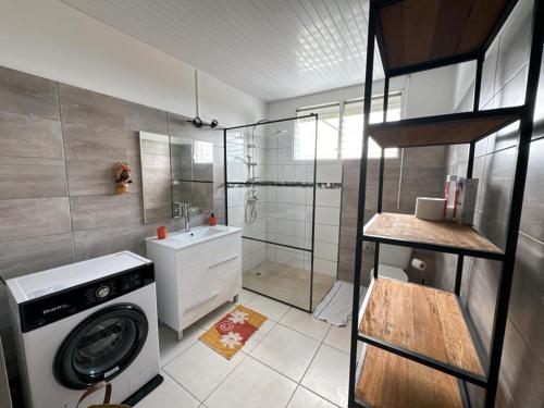 uma casa de banho com uma máquina de lavar roupa e um lavatório em Bél'Orizon1 em Rivière-Salée