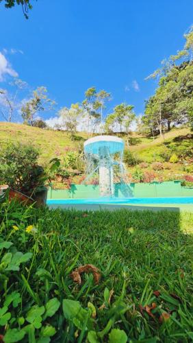 a fountain in the middle of a grass field at Hospedajes Richie Eco Camp in Providencia