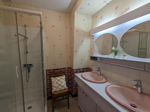 a bathroom with two sinks and a shower at Gîte 7 pers avec jardin, vélos, proche Zoo de Beauval et Château de Valençay - FR-1-591-60 in Jeu-Maloches
