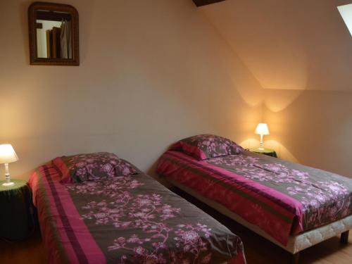 a bedroom with two twin beds and a mirror at Ancienne ferme rénovée au cœur de la Vallée Noire avec jardin clos, vélos et équipements complets - FR-1-591-111 in Tranzault