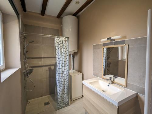 La salle de bains est pourvue d'un lavabo et d'une douche. dans l'établissement Gîte Communauté de communes Brenne - Val de Creuse-Sauzelles, 4 pièces, 8 personnes - FR-1-591-118, à Sauzelles