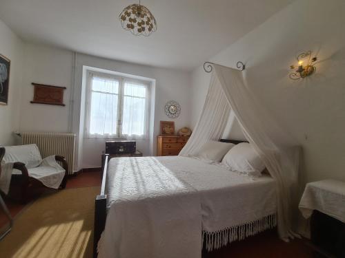 a bedroom with a white bed with a canopy at Maison avec jardin, Spa privatif à proximité de Beauval et Valençay - FR-1-591-345 in Val-Fouzon