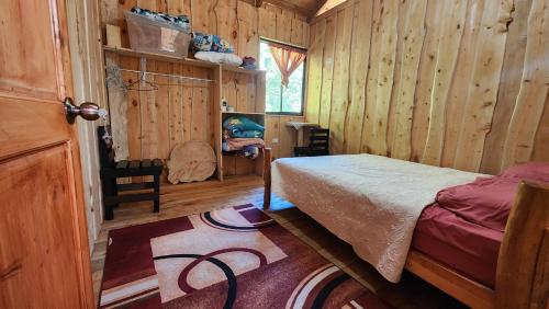 a bedroom with a bed in a wooden cabin at Hospedajes Richie Eco Camp in Providencia
