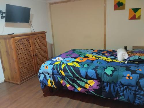 a bedroom with a bed with a colorful comforter and a television at Amatista house in Copiapó