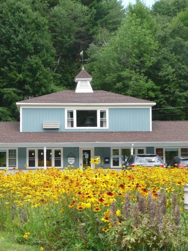 a blue building with a field of flowers in front of it at The Little Lion in Great Barrington