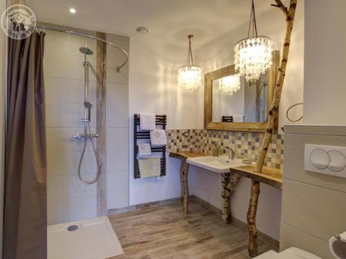 Koupelna v ubytování Gîte en bois avec piscine naturelle, 3 chambres avec terrasses privatives - FR-1-496-258