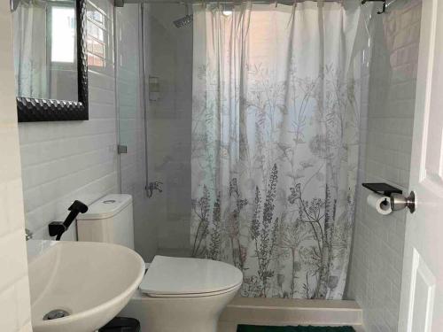 y baño con aseo y cortina de ducha. en Mangroves & Sandbar Private Resort en Calatagan