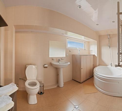 uma casa de banho com um WC, um lavatório e uma banheira em Liva Hotel em Tbilisi
