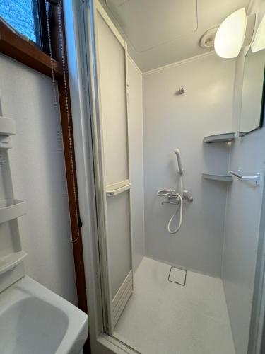 La salle de bains est pourvue d'une douche et d'un lavabo. dans l'établissement HAKUBA76, à Hakuba