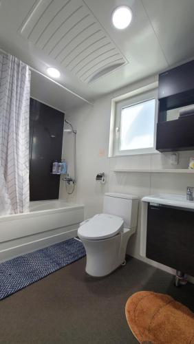 a bathroom with a toilet and a tub and a window at Haumok52 Udo in Jeju