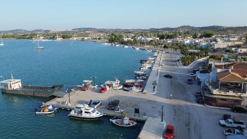 an aerial view of a harbor with boats in the water at Areti 1 & Areti 2 in Kilada