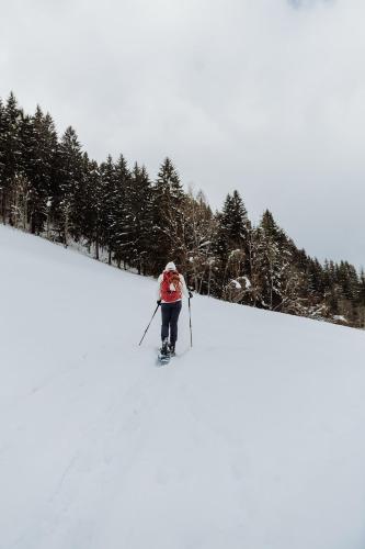 a person is skiing down a snow covered slope at Biohof Ebengut in Maria Alm am Steinernen Meer