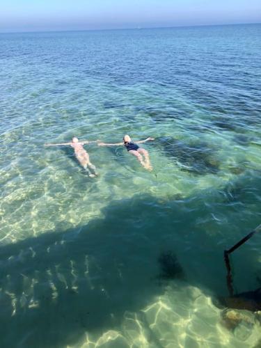 two people are swimming in the water at Skønt fiskerhus. Tæt på by, havn og havet in Marstal