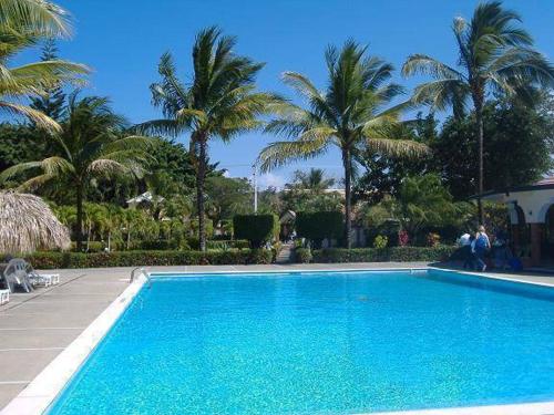 een blauw zwembad met palmbomen op de achtergrond bij DIVERSITY HOTEL in Sosúa