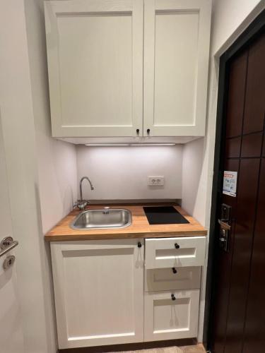 een kleine keuken met witte kasten en een wastafel bij Studio apartman Luka in Zagreb