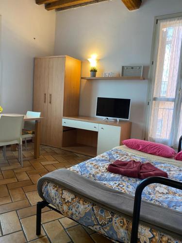 - une chambre avec un lit et un bureau avec un moniteur dans l'établissement Appartamento Saragozza, à Bologne