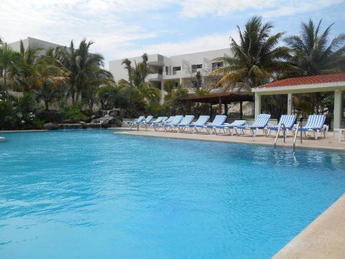 a swimming pool with blue chairs and palm trees at Hotel Club Akumal Caribe in Akumal
