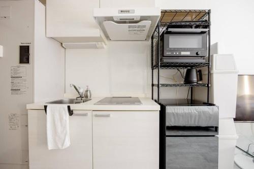 a white kitchen with a sink and a microwave at アンドステイ白金6丁目201 in Tokyo