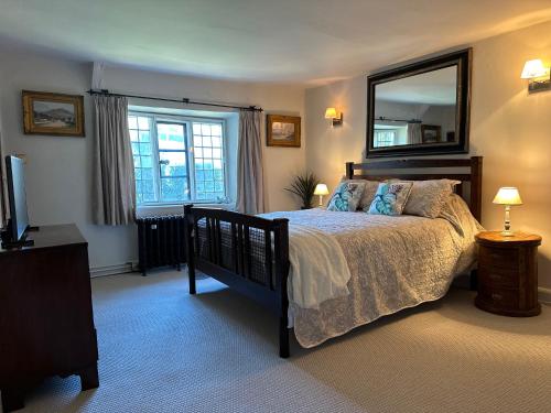 a bedroom with a bed and a large mirror at Reynolds House in Faringdon