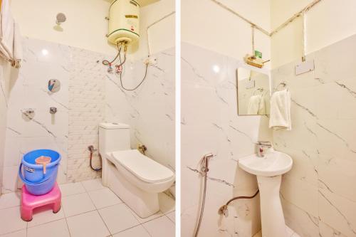 two pictures of a bathroom with a toilet and a sink at HOTEL DREAM RIVER BY ARH HOTELS in Manāli