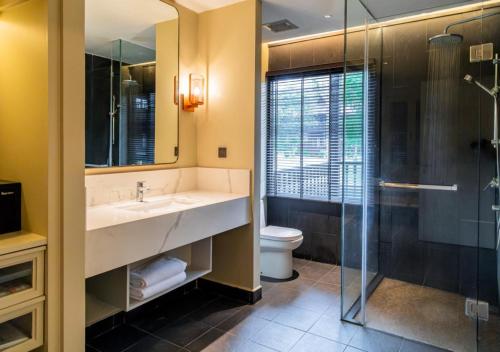 a bathroom with a sink and a shower and a toilet at Pelangi Beach Resort & Spa, Langkawi in Pantai Cenang