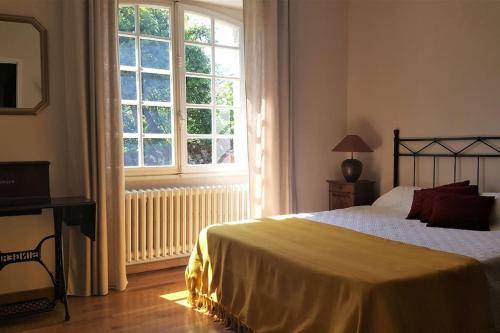 ein Schlafzimmer mit einem Bett und einem großen Fenster in der Unterkunft Grande maison quercynoise avec piscine in Figeac