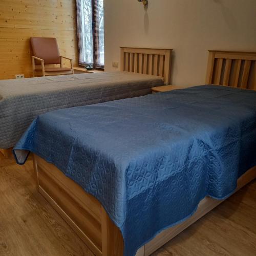 two beds with blue covers in a room with a chair at S Neries 19 apartamentai su parkingu in Šiauliai