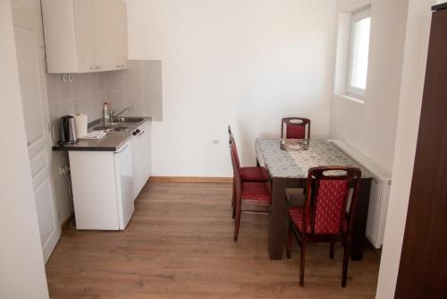 a small kitchen with a table and chairs and a sink at Apartments Kuca Aleksic in Niš