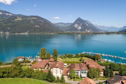 an aerial view of a house on the shore of a lake at Bijou du Lac - mit Pool und Privatstrand in Därligen