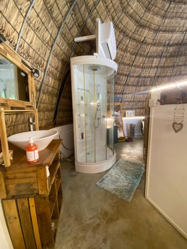 Habitación con baño con ducha y lavabo. en Cazhibiscus, en Trou aux Biches