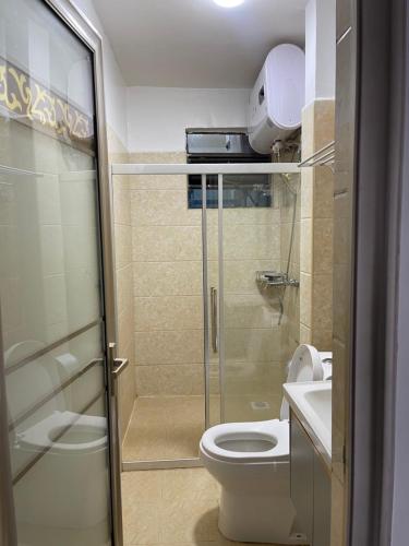 uma casa de banho com um chuveiro, um WC e um lavatório. em Kilimani em Nairobi