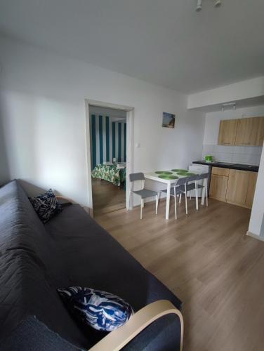 a room with a bed and a kitchen with a table at Apartamenty Poddąbek- basen kryty, sauna, animacje dla dzieci , małpi gaj, baseny na dachu in Poddąbie