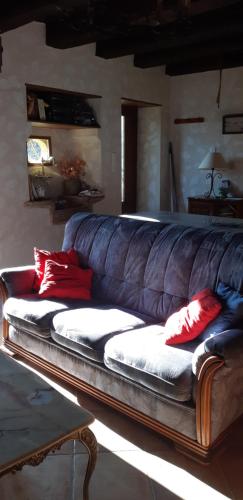 un sofá de cuero en una sala de estar con almohadas rojas en Le fournil de la Blogeonie, en Saint-Geniès
