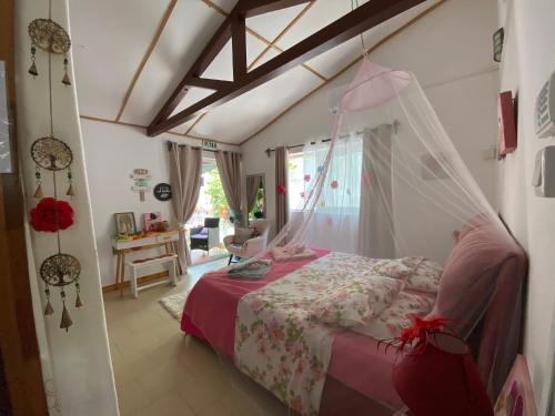 a bedroom with a bed with a mosquito net at Chambre D'hote PLACE DES AMOUREUX in Trou aux Biches