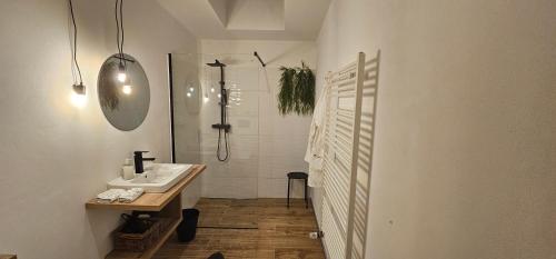 a white bathroom with a sink and a shower at Penzion Jelínek in Opočno
