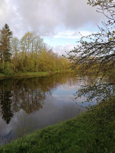 a view of a river with trees and the water at Villa River Rose in Jõesuu