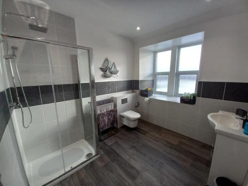 a bathroom with a shower and a toilet and a sink at 19a Francis Street in Stornoway