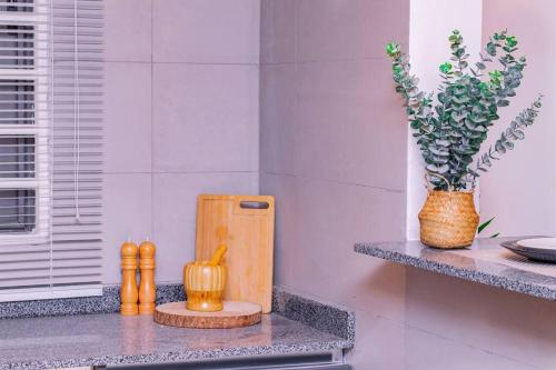 a counter with a wooden block and a vase with plants at Harmony Villa in Tema