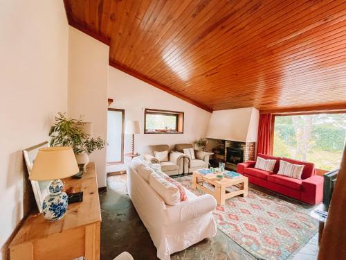 un soggiorno arredato con soffitto in legno di Just Like Home Casa das Camarinhas a Santana