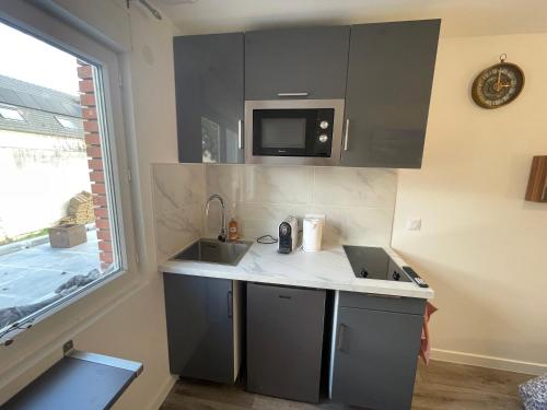 une cuisine avec un évier et un micro-ondes dans l'établissement studio 9 neuf et moderne, à Tremblay-en-France