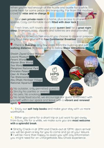 a flyer for a living room with a table at Stress-Free Cozy Private Room - heart of the city in Abu Dhabi