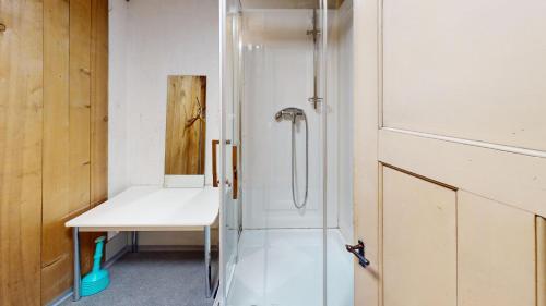 een badkamer met een douche en een wastafel naast een deur bij Solution-Grischun - Zentrales Dachzimmer - Kaffee&Tee - Gemeinschaftsbad - Etagenbett -Dachterrasse in Chur