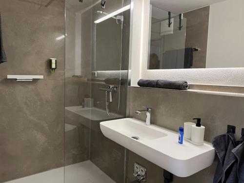 a bathroom with a sink and a glass shower at Top Apartment Zentrum Bad Urach in Bad Urach
