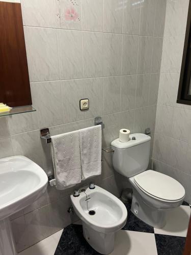 uma casa de banho com um WC e um lavatório em Hostal Los Amigos em Siruela