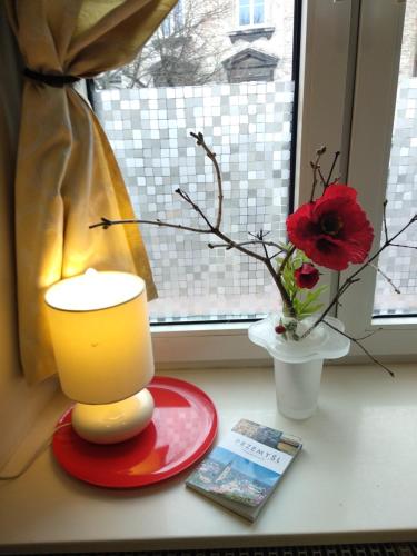 une table avec une lampe et un vase avec une fleur dans l'établissement Apartament przy synagodze, à Przemyśl