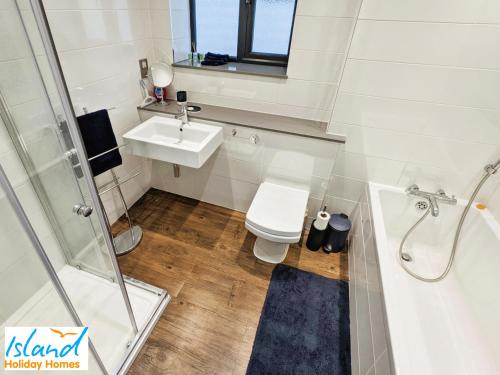 een badkamer met een toilet, een wastafel en een douche bij Folly View in Newport