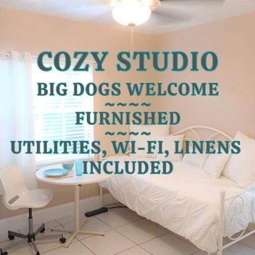 1 dormitorio con 1 cama y escritorio. en *Dogs Welcome* Cozy Studio Near Beach/Downtown, en Hollywood