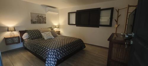 a bedroom with a bed and a dresser and a mirror at Tiny house Les Cactus - Bungalow St Gilles les hauts in Saint-Paul