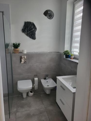 a bathroom with a toilet and a sink at Apartament Prestiż in Sobótka
