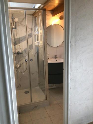 une salle de bain avec douche et lavabo dans l'établissement Le Jade d' Arradon, à Arradon